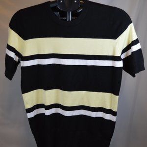 Zara Sz Large Black, Cream & White Striped Cotton/Poly Short Sleeve Sweater